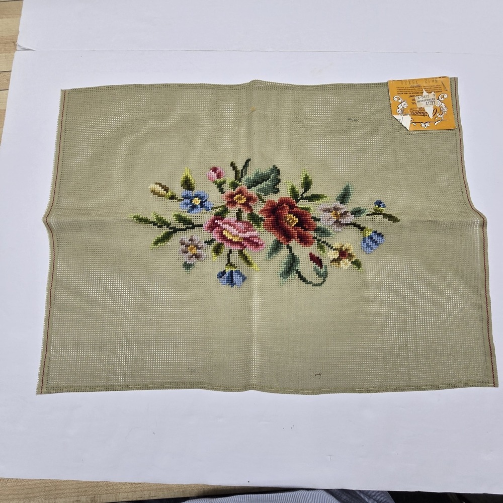 Vintage NEW Needlepoint Canvas 15x20 Floral Center Partially Preworked Victorian